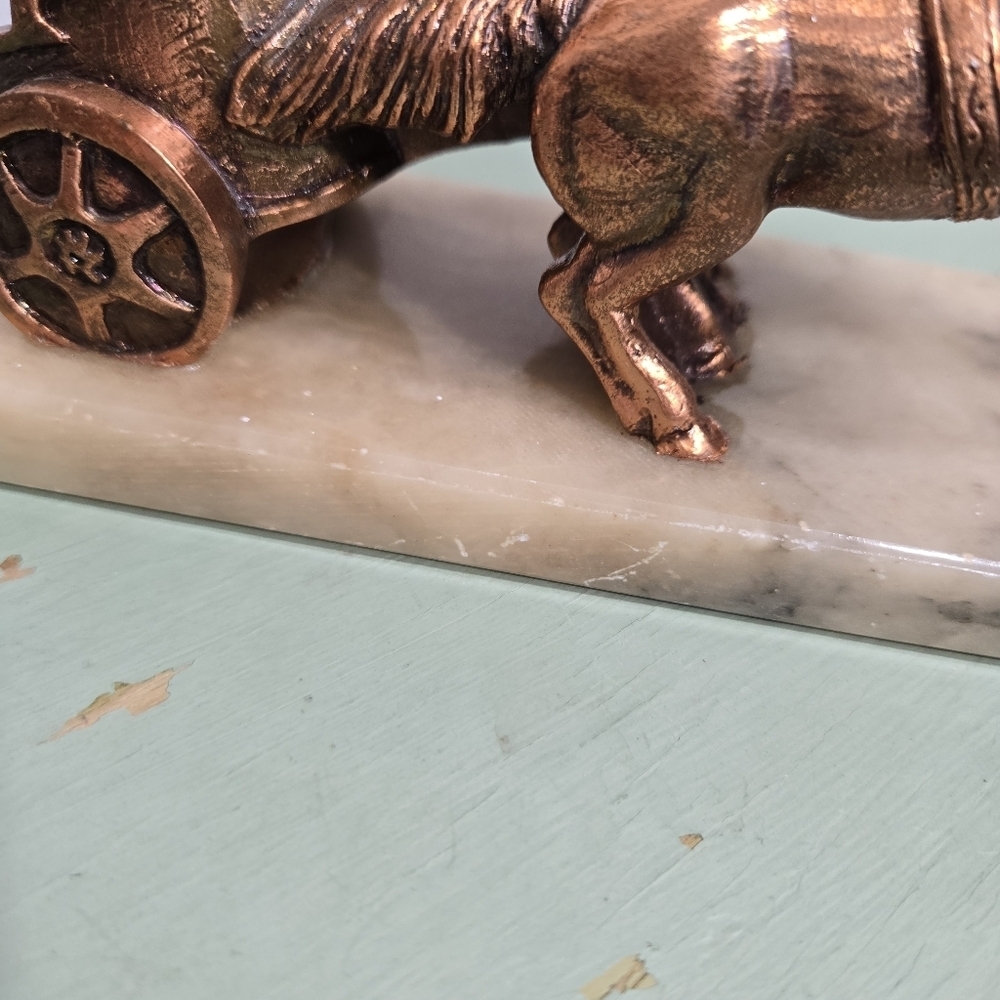 Roman Greek Soldier Warrior 2 Horse Chariot Copper Bronze Plate Marble Base - Picture 5 of 7